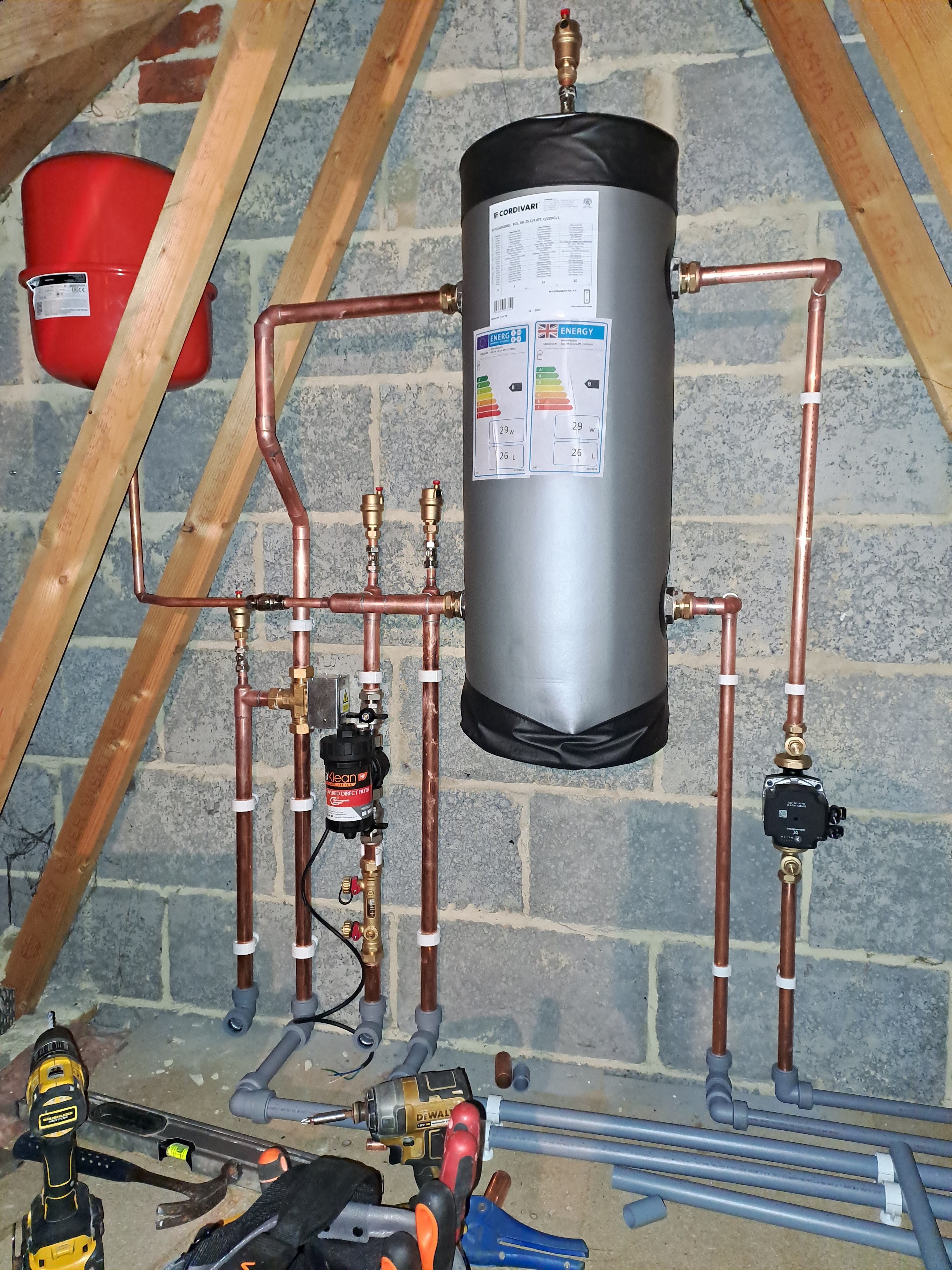 Pipework and cylinders in loft space